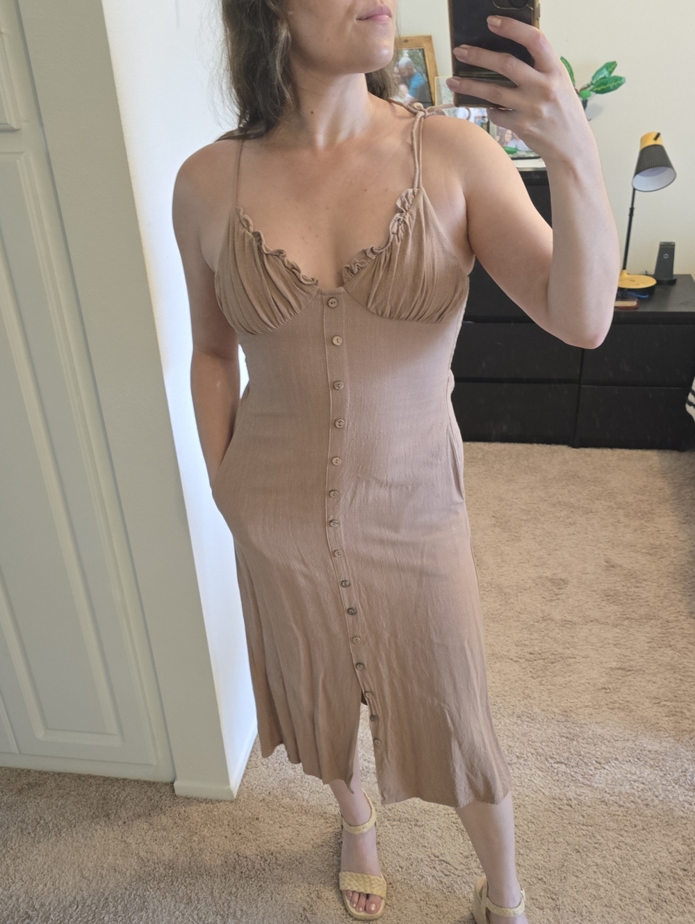 Tan Button-Front Midi Dress with Tie Straps